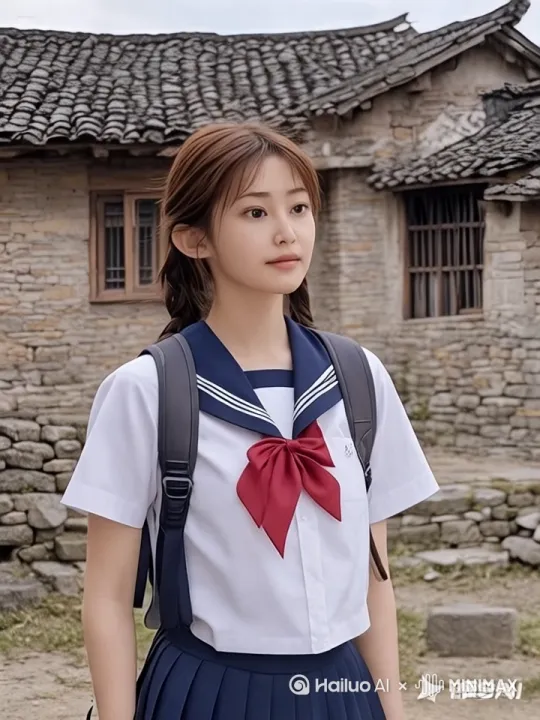 小女孩吹竹笛，是横笛，横着吹的。背景是老式转瓦房，整洁。 by Hailuo AI Video Generator
