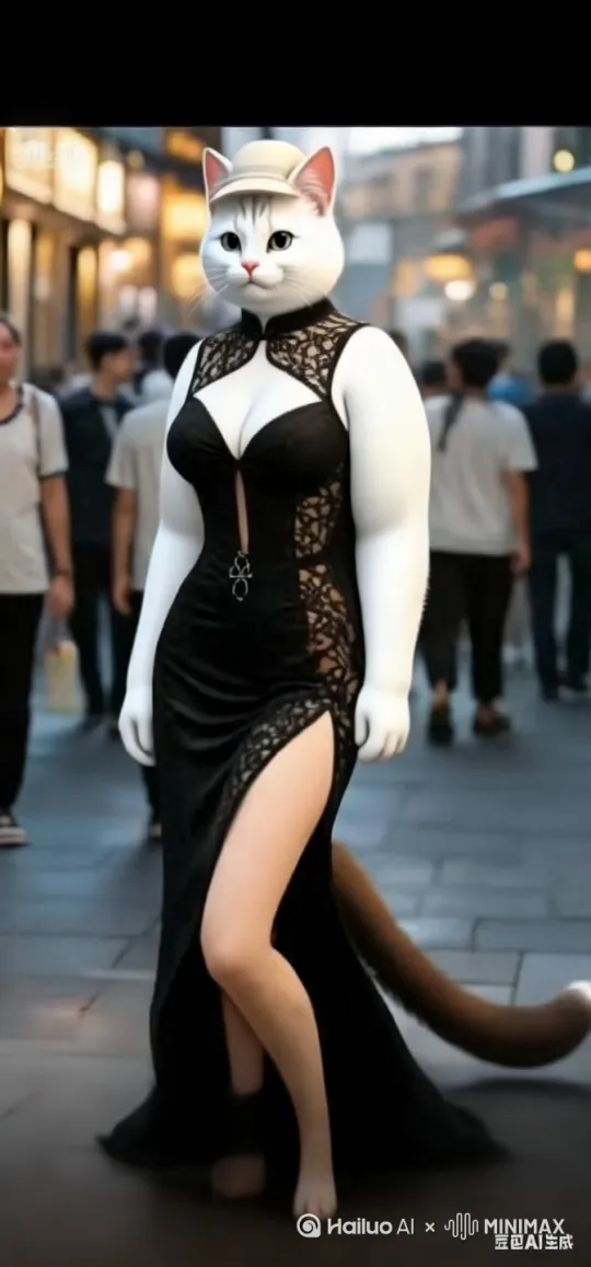 猫女郎再接猫女郎在街上优雅的走动着 by Hailuo AI Video Generator