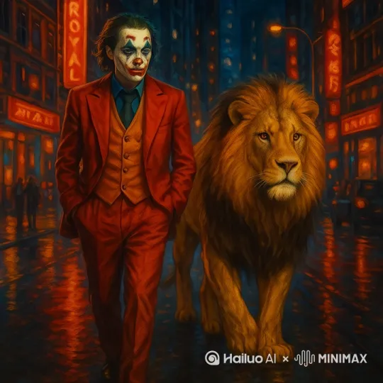 穿红色衣服的菲尼克斯小丑走在旷野中，旁边有一只狮子走在旁边 by Hailuo AI Video Generator