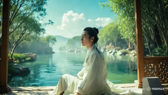 镜头从远景开始，慢慢向着人物推进，并且以人物为焦点，向着右边偏移，人物虽然闭目养神，但身体有微微颤动，微风吹动他的头发，镜头推进至他的脸 by Hailuo AI Video Generator
