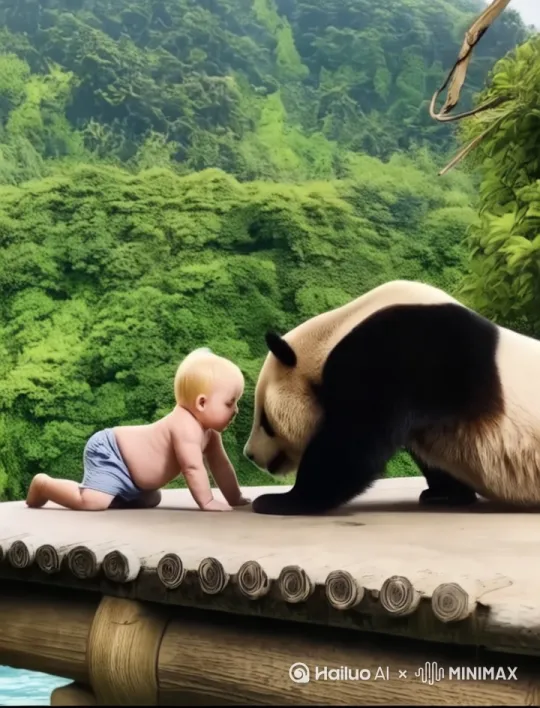 [变焦推进]金色头发的美国小宝宝扶着大熊猫站了起来，亲了亲大熊猫的耳朵 by Hailuo AI Video Generator