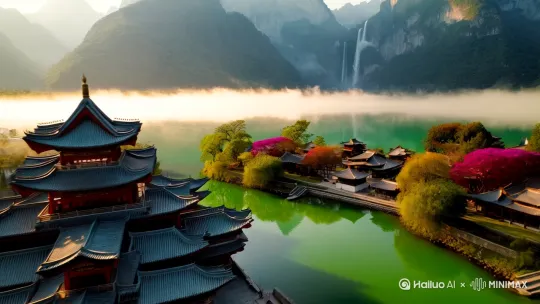 图片生成信息：中国秋天的风景，8K 高清，有很多雾，最高画质，画面远近清晰，层次分明，背景非常干净,大师作品，清晨薄雾，美丽的大河，河水是清澈的绿
色，河水非常干净，中间有几座漂亮的房子和五颜六色的树，近景中有一条美丽的河流，近景光线很强，近景有精致复杂的中国建筑，远处有精美的山，山峰很高，
巨大的瀑布从山上流下，梦幻仙境，视野宽广，空间感强，无边无际，河流被群山环绕，美丽的中国建筑，高清 4K，最高画质，完美像素，美丽、细腻且复杂的画面，有很多舞动的雾，照片级写实，世外桃源，美丽迷人的房子，宁静的画面，电影般的场景，青山绿水，很多雾。 by Hailuo AI Video Generator