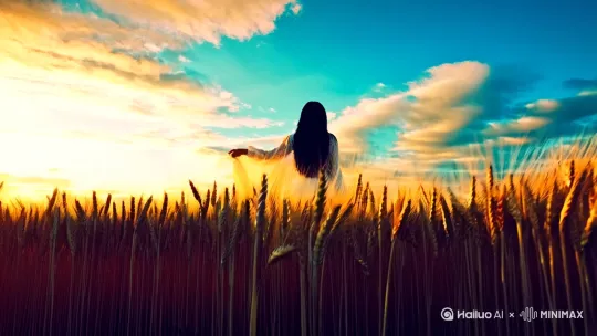 在麦浪滚滚的夕阳下，五彩的云彩在空中浮现，一位女子身穿白色的长裙，在齐腰深的麦浪中挥动着双手，白色的裙摆和黑色的长发随风飘扬。[推出,上升,下摇]，画面16：9。 by Hailuo AI Video Generator