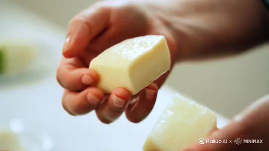 镜头 2：处理豆腐
 
1. 时长：0:15 - 0:35
 
2. 景别：近景 - 特写
 
3. 画面：先以近景展示厨师拿起嫩豆腐，将其切成均匀的小块。特写切好的豆腐块，晶莹剔透。接着画面切换到炉灶上，锅中水烧开，厨师往水里加入少许盐，随后将豆腐块放入锅中焯水。

 
5. 音效：切菜声，水烧开的咕噜声，豆腐入锅的轻微溅水声 by Hailuo AI Video Generator