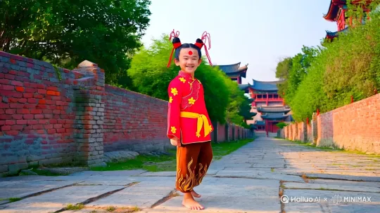 画面中,《哪吒之魔童降世》里的经典形象小哪吒。他扎着标志性的双丸子头,红绳俏皮束发,额间红点鲜明。身着红底黄花小上衣,搭配棕褐色带火焰纹裤装,黄腰带利落系于腰际。他光脚站在古朴石径上,背后是砖石砌成、爬有绿植的墙垣,远处隐约可见传统建筑,整体场景充满国风韵味,小哪吒咧嘴大笑,神态活泼灵动,满是童真朝气 。
拍摄建议:可在光线柔和的晴天实景拍摄,利用复古建筑场景还原氛围;若后期制作,注重人物形象与背景的融合度,强化色彩对比凸显角色。道具方面,还原哪吒服饰细节,保证石径、墙体等场景道具质感古朴。 by Hailuo AI Video Generator