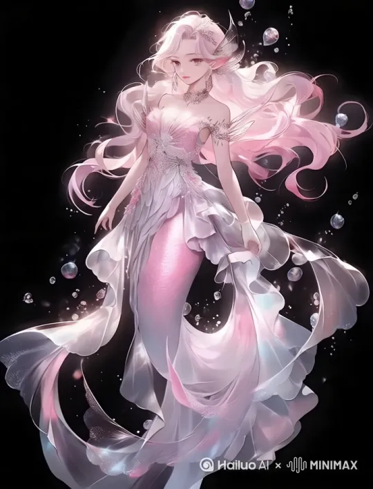 ### **《海灵之境》**  

阳光穿透碧蓝的海水，碎成万千摇曳的金线，在珊瑚森林间流淌。巨大的扇形珊瑚如琉璃雕琢，泛着柔和的粉与橙，缝隙间藏着闪烁的珍珠贝，偶尔吐出一串银亮的气泡，悠悠浮向水面。  

她自深海幽谷中游来，鱼尾如月华织就的绸缎，鳞片泛着淡淡的蓝紫色，随水流轻轻摆动时，仿佛星河倾泻。长发如海藻般舒展，发间缀着发光的荧光水母，似星辰坠入夜幕。  

一群霓虹色的热带鱼在她身旁穿梭，鳞片折射出宝石般的光泽，忽而聚成漩涡，忽而散作流星。远处，一只通体银蓝的座头鲸低吟着游过，歌声在深海中回荡，空灵如远古的呼唤。  

海底沙床上，水晶般的海百合缓缓绽放，透明的小虾在其间嬉戏。更深处，沉没的古城遗迹半掩于珊瑚丛中，石柱上缠绕着荧光海藤，仿佛沉睡的文明正被海洋温柔地拥入梦境。  

她停在一株巨大的荧光珊瑚前，指尖轻触，珊瑚便绽出更耀眼的光芒，照亮她含笑的眼眸——那瞳孔深处，倒映着整片瑰丽而神秘的深海。 by Hailuo AI Video Generator