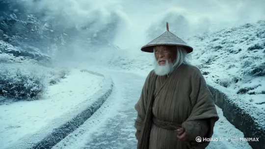 一个披着麻衣，带着斗笠的满脸沟壑白发白须的老者从容行者在一个风雪漫天的山路上，时不时停下脚步望一望这漫天风雪，自言自语说了一句，时间快到了 by Hailuo AI Video Generator
