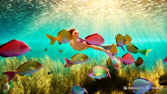 美人鱼在海里游泳，周围有很多鱼，跟美人鱼一起跳舞 by Hailuo AI Video Generator