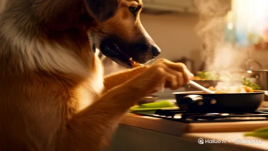 一只狗正在做饭，小猫咪在一旁偷吃 by Hailuo AI Video Generator