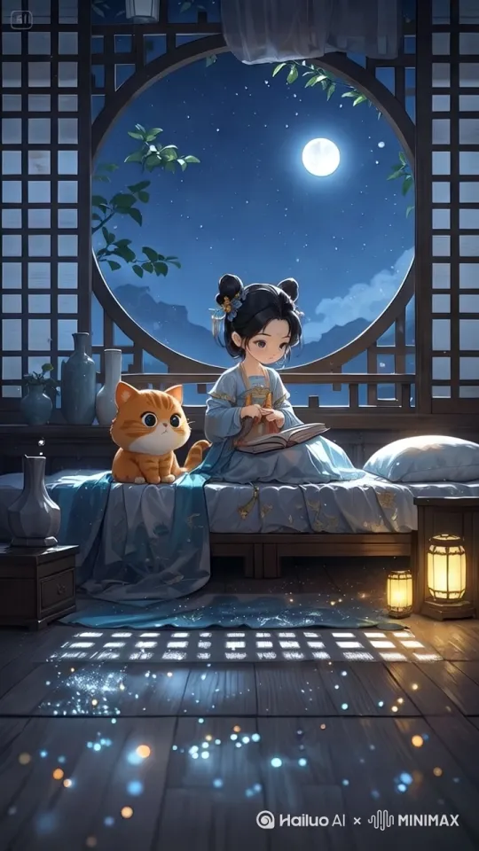 ，近景到特写，镜头从窗户推进：月光粒子缓慢飘落，光斑呼吸式明暗变化 by Hailuo AI Video Generator