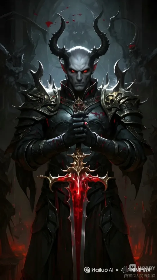 人类圣骑士与深渊恶魔的战场上[下降,上摇]，一位恶魔将领走出深渊裂隙[左移,推进,右摇]，神情淡漠地提剑杀向人类圣骑士[跟随] by Hailuo AI Video Generator