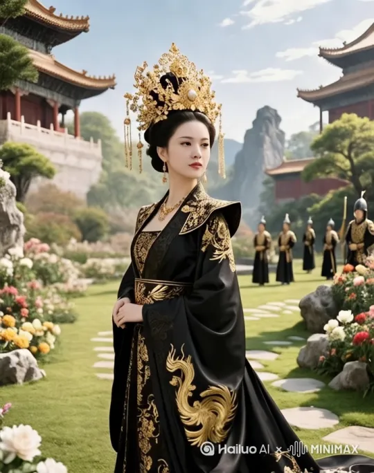 花瓣飘落于女子肩头，花瓣飘落于女子肩头，身后侍卫整齐地迈一步，女子缓步向前优雅前行，微风拂动女子长发丝缕，远处楼阁云雾缓缓散开，女子微微颔首面露浅笑，花朵在风中轻轻摇曳，侍卫们挺直身躯目视前方，女子低头轻抚裙摆花纹，阳光透过云层洒下光影，飞鸟从楼阁上空飞过，女子侧耳似在聆听声响，园中湖水泛起淡淡涟漪，天边云彩慢慢变换形状。 by Hailuo AI Video Generator