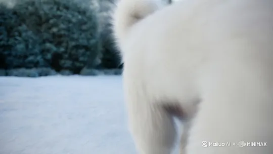 【推进】一只雪白的傲慢的小狗大摇大摆的走[右移,跟随]过来，突然看见它的主人，小狗停下脚步【固定】一脸惊呆的看着主人。主人也眼含泪水的立在原地望着小狗。这时小狗一个翻越【上摇】【下摇】向主人跑了过去【右移】，主人也是跳着【上摇】【下摇】的向小狗跑过去【左移】。主人欢喜的【上摇】抱起小狗，小狗伸出舌头舔着主人的脸 by Hailuo AI Video Generator