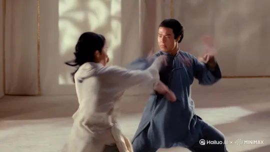 两个人在比武，模仿中国动作电影武打招式。招式灵活多变，画面运镜动感[晃动] by Hailuo AI Video Generator