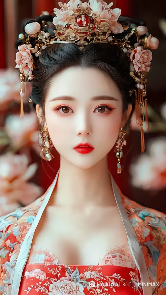身着红色花纹旗袍的女性优雅站立，背景中的花朵逐渐清晰，她缓缓转身露出精致的妆容和鲜红嘴唇，凤冠上的珠宝在柔和光线下闪烁，固定镜头。 by Hailuo AI Video Generator