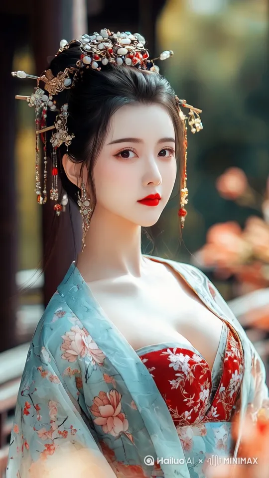 身着古装女子在繁花盛开的庭院中缓步行走，手持镜头跟随她轻拂珠帘头饰的动作，蓝色裙摆的花纹随着步伐微微摆动，飘落的花瓣从画面左侧缓缓飞入，妆容精致的面庞带着端庄微笑，背景的树木在微风中轻柔摇曳。 by Hailuo AI Video Generator