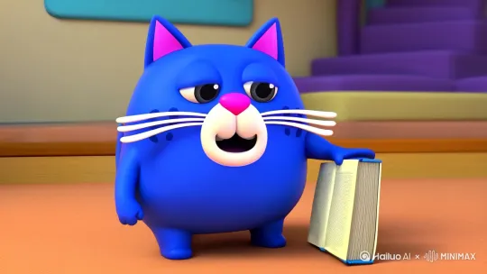 @蓝猫: 3D动画风格，画面主体是一只蓝色的胖猫，耳朵内侧为粉色，有着白色的胡须和粉色的鼻子，胖猫把书📚踢了说密码的期末周你才是最贱的，香香软软的暑假宝宝快来吧。变成巴掌鱼说大学生一手抓四级，一手抓期末，一手抓驾照 by Hailuo AI Video Generator