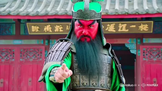 画面主体：三国演义中关羽的形象，红脸，浓眉大眼，眉眼间透露着威严与硬气，乌黑浓密的长胡子，头戴华丽的绿色帽子，有精致的花纹雕刻，身穿绿色战袍，金属铠甲上有花纹和装饰，眼睛看着正前方镜头，手指着正前方镜头，他浓眉上扬，双目圆睁，眼神中透露出极度的霸气和对一切的蔑视。
背景：是一座古色古香的中式建筑，朱红色的大门，上方匾额写有“指定发财”四个金色大字。中景，广角，居中构图，大师构图，32K超高清画质，高分辨率，真实摄影，杰作，无瑕疵 by Hailuo AI Video Generator