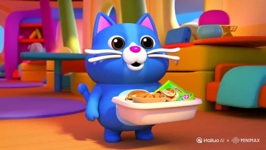 @蓝猫: 3D动画风格，画面主体是一只蓝色的胖猫，耳朵内侧为粉色，有着白色的胡须和粉色的鼻子，胖猫把带饭带回宿舍给舍友，然后变成飞机飞走了 by Hailuo AI Video Generator