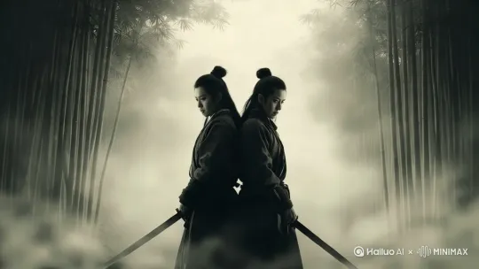 [左移,推进,右摇]俯拍竹林全景，落叶飘零，两名侠客背对而立，气氛紧张 by Hailuo AI Video Generator