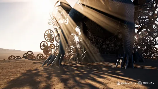 5. `Monument made of alien wreckage, dragon shape, robot raising tattered flag, star-shaped sunlight through gears --seed 5` by Hailuo AI Video Generator