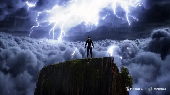 **场景：哪吒站在悬崖边，面对狂风暴雨，背景电闪雷鸣**

**音乐：** 激昂的背景音乐，带有鼓点和弦乐，逐渐增强

**运镜：**

1. **开场（0-2秒）：**  
   - **镜头从天空俯冲下来**，穿过乌云和闪电，逐渐拉近到哪吒的背影。  
   - **音乐**：鼓点渐强，配合闪电的音效。

2. **中景（2-5秒）：**  
   - **镜头环绕哪吒**，展示他坚定的表情和紧握的拳头，背景是狂风和暴雨。  
   - **音乐**：弦乐加入，情绪逐渐升温。

3. **特写（5-8秒）：**  
   - **镜头推近到哪吒的脸部特写**，他的眼神充满决心，嘴唇微动，说出：“我命由我不由天！”  
   - **音乐**：鼓点和弦乐达到高潮，配合台词。

4. **全景（8-12秒）：**  
   - **镜头拉远**，展示哪吒站在悬崖边的全景，背景是电闪雷鸣的天空，他张开双臂，仿佛在迎接命运的挑战。  
   - **音乐**：音乐达到最高潮，随后戛然而止，留下余韵。

**结束：**  
画面定格在哪吒的背影，音乐渐弱，留下震撼的余韵。 by Hailuo AI Video Generator