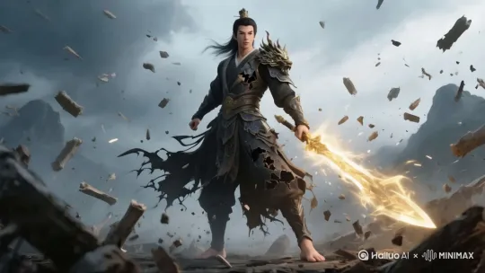 土石漫天飞舞，挥动宝剑[推进,上升] by Hailuo AI Video Generator