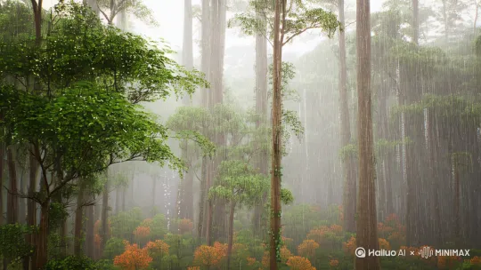 请生成一段展现江南烟雨雨林场景的视频，时长约 [1] 分钟。画面中，细密的雨丝如银线般纷纷扬扬地洒落在郁郁葱葱的雨林里，高大的树木枝叶在雨中轻轻摇曳，偶尔有晶莹的雨滴从叶尖滑落。整个雨林被一层淡淡的、若有若无的烟雾所笼罩，营造出一种如梦似幻、烟雾飘渺的氛围。镜头可从远处缓缓拉近，展现雨林的整体朦胧之美，接着切换到近景，捕捉雨滴打在叶片上溅起的微小水花，以及雾气在林间缓缓流动的动态。在画面色调上，采用淡雅、清新的色调，以绿色和灰色为主，适当点缀一些柔和的暖色调，增强画面的层次感和氛围感。 by Hailuo AI Video Generator