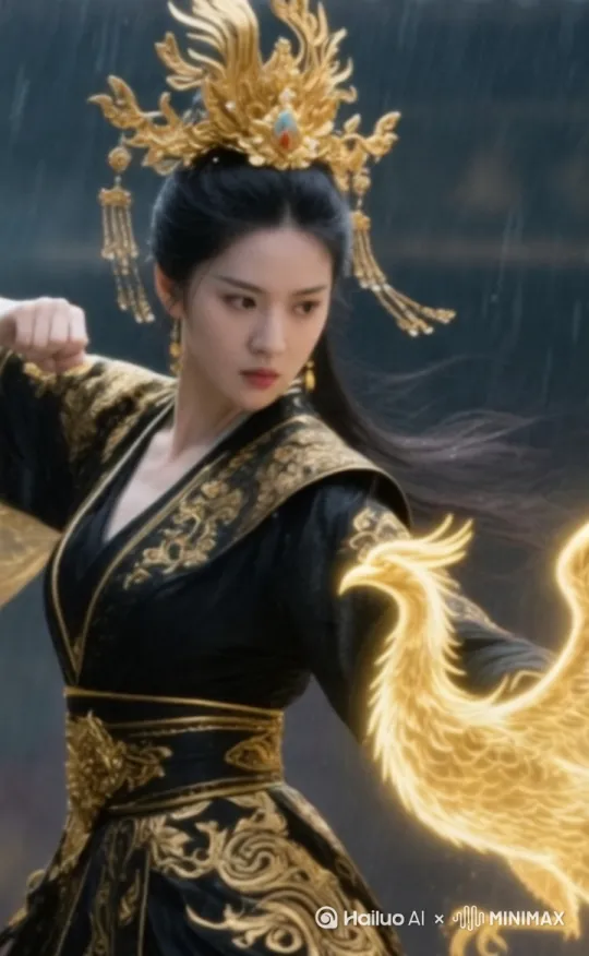 8K3D高清真人版本第一视角镜头跟随人物移动变换角度，，女子侧身出拳，身姿矫健，凤形光影闪烁更显夺目，雨滴变大，敲打在地面，女子眼神凌厉，凤影展翅，金芒流动，发丝随风飘动更具英气，，凤影绕身盘旋一圈，雨滴倾斜，风势渐强，女子拧身，动作刚劲有力，凤影鸣叫，金光扩散，衣袖飘动，展现飒爽姿态，女子双手结印，专注施法，凤影俯冲，气势如虹，雨滴溅起，地面水洼扩大[右移,跟随] by Hailuo AI Video Generator