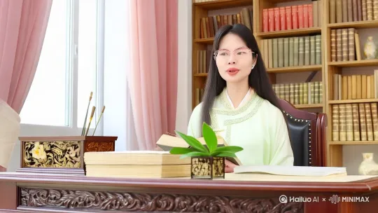 女，柔顺的长发披过肩，眼睛有神，戴半包边线粉色眼镜，浅玉色汉服，平视前方，坐古风式书案前，手拿一本唐诗，
在朗诵诗词的姿态。
书案上一放一叠古诗词，一个笔筒。和一小盆兰花，背景是一书架，配浅粉红色帘帘，架上摆各种书。旁边有一扇宽敞明亮的窗。
光线充足。 by Hailuo AI Video Generator
