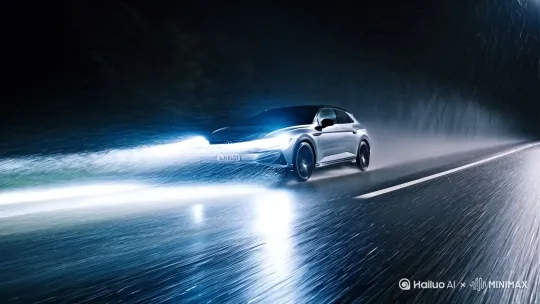 大众凌度汽车在夜深人静的时候在下雨天飞驰在高速公路上 by Hailuo AI Video Generator