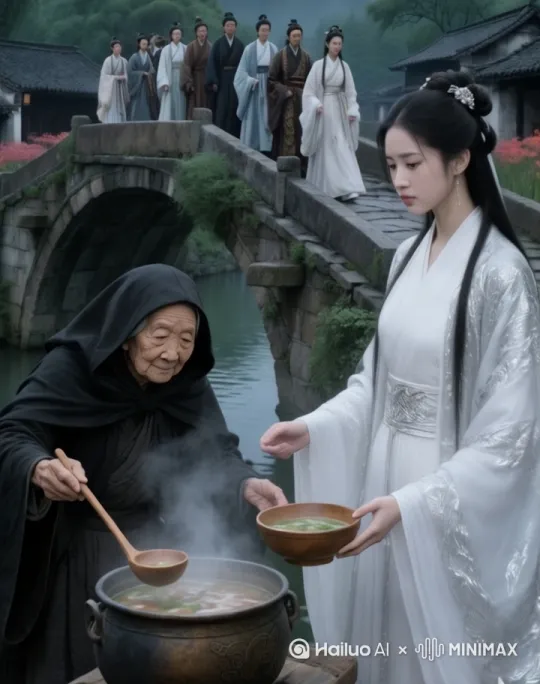 8K3D高清真人版本第一视角镜头跟随人物移动变换角度，白衣女子双手递出木碗，老妪舀汤盛入木碗中，桥上众人目光投向此处，白衣女子微微颔首示意，老妪缓缓抬起头看向女子，白衣女子眼神温和专注，老妪手持木勺停顿片刻，白衣女子衣袖随风轻摆，桥上有人交头接耳，老妪嘴角浮现一抹微笑，白衣女子手腕轻转递碗，老妪身体微微前倾盛汤，桥上众人脚步有所停顿，白衣女子发丝飘动一丝，老妪目光慈祥望向女子 by Hailuo AI Video Generator