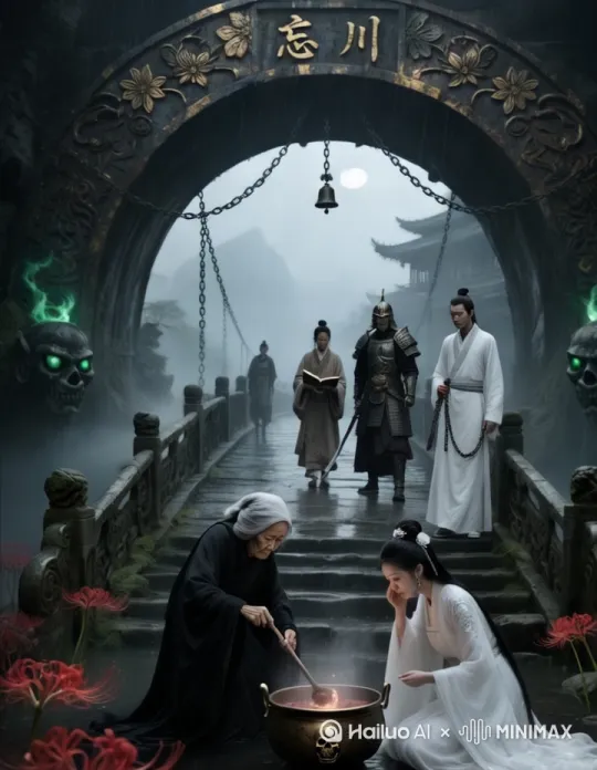 老妪缓缓搅动孟婆汤，白衣女子抬手轻拭泪，持剑武士目光扫视，书生低头翻动书卷，远处人影缓步走近，雾气在桥边弥漫散开，锁链随风轻轻晃动，忘川牌匾微光闪烁，骷髅头双眼绿光闪烁，彼岸花轻轻摇曳身姿，月亮在云中若隐若现，雨滴落在桥上溅起水花，女子低头陷入沉思状，老妪抬头看向女子，武士微微握紧剑柄8K3D高清电影效果真人版本第一视角镜头跟随人物移动变换角度 by Hailuo AI Video Generator