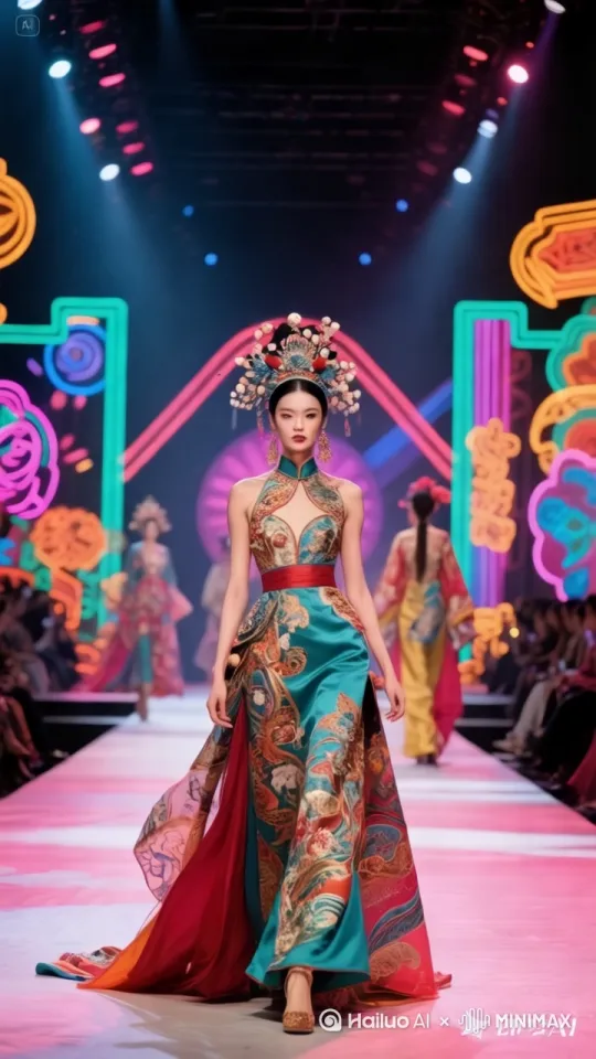 、美女穿着好看的衣服走在T台台上走得十分自然 by Hailuo AI Video Generator