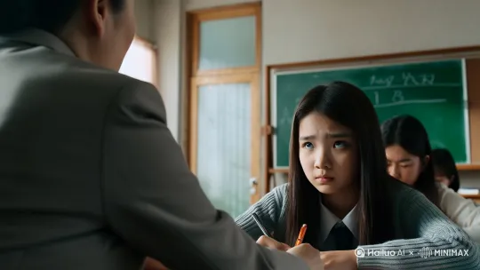 [推出,上升,下摇]第一集 张老师出难题考大家，见夏解开难题，准备保送高中。见夏来到父亲家门口，被后妈数落。第二集 见夏在爸爸家住下，见夏来到学校教室准备学习。被其他同学嘲讽。第三集 模拟题开始，其他同学开始使坏。见夏一通操作后提前写完。[推出,上升,下摇] by Hailuo AI Video Generator