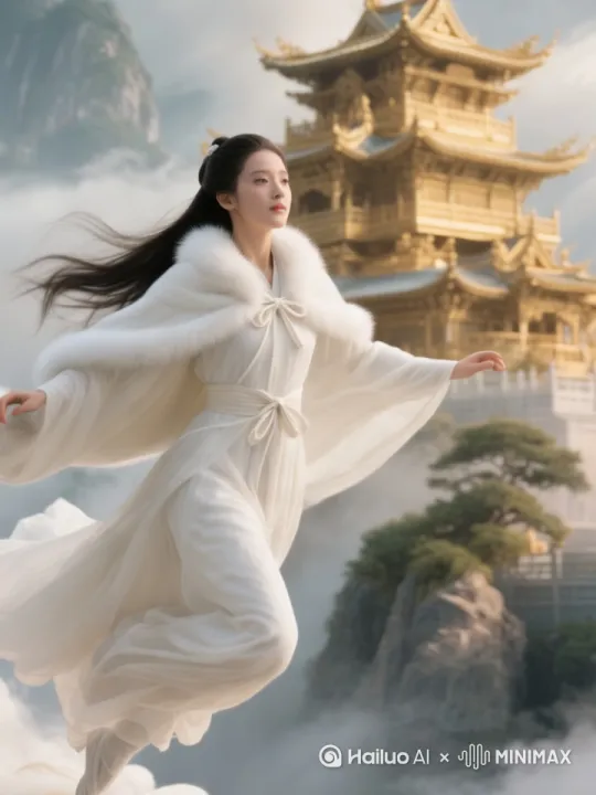 8K3D高清电影效果真人版本第一视角镜头跟随人物移动变换角度跟拍[左移,右摇,跟随]女子轻盈飞掠裙摆飞扬，云雾缓缓流动环绕山峦，松枝随风轻轻摇曳，金殿在云雾中若隐若现，女子脚尖轻点向上飞升，山间雾气弥漫逐渐浓厚，女子展臂似要乘风而去，女子展臂似要乘风而去，女子展臂乘风而去，金殿檐角风铃微微晃动，女子裙摆飘动如流云，云雾涌动漫过松枝，女子侧身回首眼神温柔，山峦在云雾中现隐交替，女子裙摆扬起如波浪，金殿光影闪烁似有仙气。 by Hailuo AI Video Generator