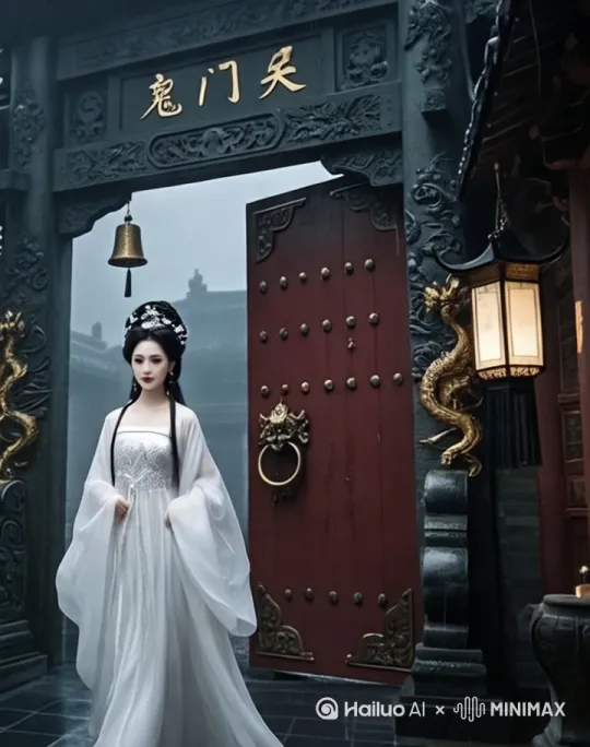 8K3D高清电影效果真人版本第一视角镜头跟随人物移动变换角度门环上金兽微微晃动，门上方铃铛随风轻响，女子缓步向前走着，门后的雾气渐渐弥漫，女子转身向鬼门关内走去，灯笼的烛光轻轻摇曳，女子衣袖随风缓缓飘动，女子微微低头面露沉思，门两侧金龙似欲腾空，女子闭眼轻嗅周围气息，地上石板泛起淡淡微光，女子裙摆轻轻扫过地面，门顶牌匾字迹闪烁微光，[左移,右摇,跟随] by Hailuo AI Video Generator