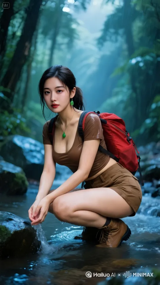 行至溪涧，她蹲下洗手，溪水冰凉刺骨。起身时，忽见对岸石缝里，一抹幽蓝闪烁。凑近细看，竟是株从未见过的兰花，花瓣薄如蝉翼，纹路像星河流转。林夏屏住呼吸，轻轻拍下这奇景，[跟随] by Hailuo AI Video Generator