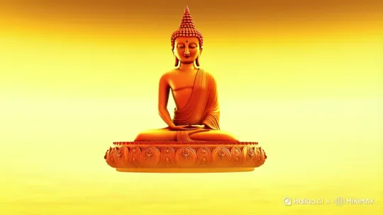 金色虚空中，佛祖端坐，一个男童慢慢走出跪在佛前磕头献花，佛祖颔首微笑，旁边的菩萨们各种姿势坐在佛旁 by Hailuo AI Video Generator