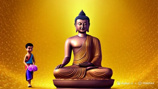 七彩金色虚空中，佛祖微笑端坐，一个男童慢慢献花，鲜花布满虚空，旁边的菩萨们各种姿势坐在佛旁 by Hailuo AI Video Generator
