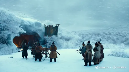 暴风雪，白色，白色，雪，雪，树林，几个中国人，兽皮衣服，兽皮衣服，冬天，极地，火枪，火枪，旗帜，洞穴，洞穴，熊，火焰 by Hailuo AI Video Generator