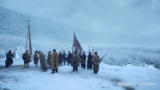 暴风雪，白色，白色，雪，雪，树林，几个中国人，兽皮衣服，兽皮衣服，冬天，极地，火枪，火枪，旗帜，洞穴，洞穴，熊，火焰 by Hailuo AI Video Generator