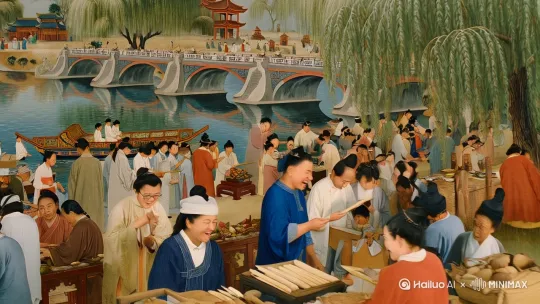 请生成一段北宋时期的清明上河图视频 by Hailuo AI Video Generator