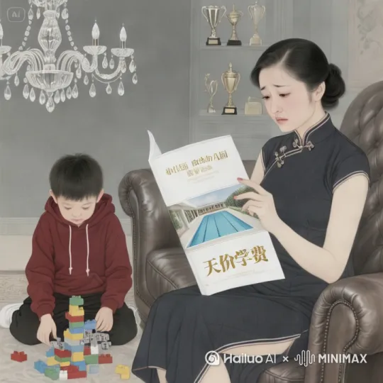 ### 分镜头1：迷惑的抉择  
**提示词**：  
> 中景俯视 / 焦虑母亲手持私立园豪华宣传册坐于皮质沙发 / 册面烫金英文与游泳池效果图反光 / 脚边孩子低头机械拼插积木 / 母亲指尖紧压"天价学费"数字特写 / 背景虚化欧式水晶吊灯与奖杯陈列柜 / 工笔绢本肌理 / 冷灰调奢华环境与孩子暗红卫衣色彩对比  [左移,推进,右摇] by Hailuo AI Video Generator