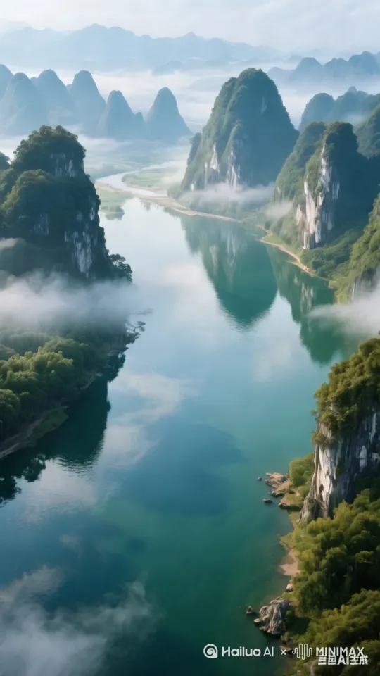 开场镜头（全景）无人机俯拍碧波荡漾的漓江，云雾缭绕的喀斯特山峰倒映水面，水墨画卷般展开。 by Hailuo AI Video Generator