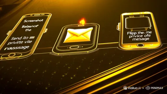 暗金底悬浮三步指令：
① 截图余额（手机破碎特效）
② 私信发我（信封燃火特效）
③ 手机倒扣（枕头粒子化）[HUD界面/赛博国风] 运镜：指令环绕旋转[左移,上升] by Hailuo AI Video Generator