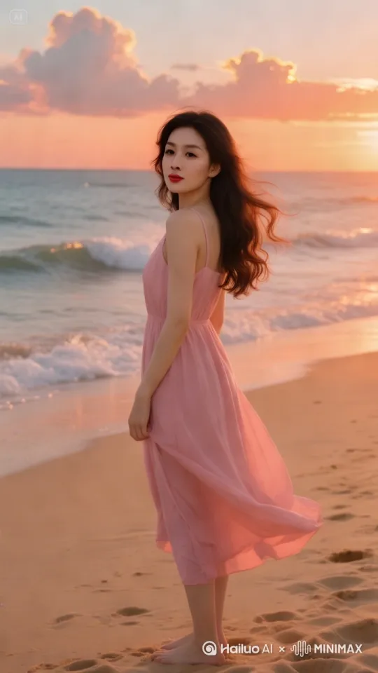 美女海边漫步，项链蓝宝石吊坠，海浪轻柔，远处有几只低飞的红嘴海鸥嬉戏，环境祥和，浪漫。写真，高清，追踪镜头。 by Hailuo AI Video Generator