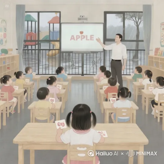### 分镜头2：禁锢的早教  
**提示词**：  
> 全景对称构图 / 私立园教室整齐排列的矮桌 / 二十名幼儿挺直后背跟读英语卡片 / 前排女孩小拇指蜷缩压住桌沿 / 外教挥舞手臂投影屏显示"APPLE" / 窗外游乐设施空荡积雨 / 工笔铁艺栏杆阴影斜切地面  [推出,上升,下摇] by Hailuo AI Video Generator