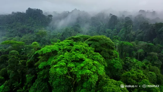 无人机航拍雨中的热带雨林景观 by Hailuo AI Video Generator