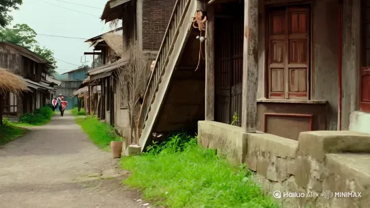 镜头采用近景跟随，一位黑衣白裤的中国女子在街道旁的农村建筑边飞速奔跑，脚步轻盈。当靠近古旧的二层建筑时，她借助奔跑惯性，如矫健的飞鸟猛地腾空，以惊人速度跃上二楼楼梯栏杆上，又旋即发力，再次高高跃起扑向楼顶上。旋即在屋顶奔跑，，后面有几个追兵，只能仰头看着，无可奈何，镜头始终采用近景动态跟随，运镜紧紧跟随其奔跑轨迹，让人仿佛置身这场极速追逐之中。画面为 16K 高清画质，写实渲染突出人物的力量和动作的流畅，人物不变形。
[跟随] by Hailuo AI Video Generator